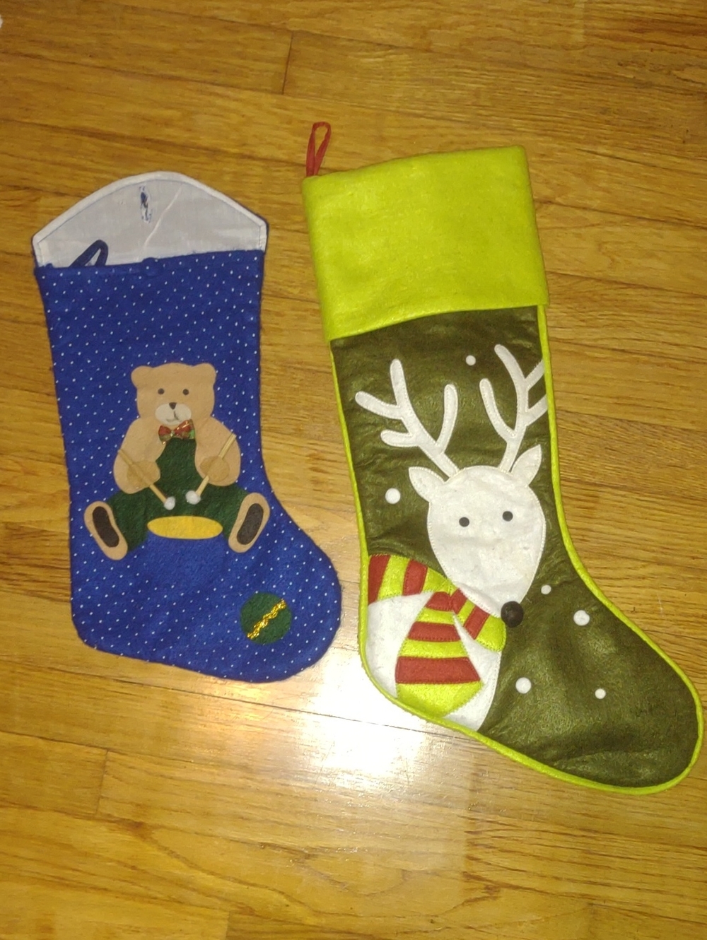 Pair of Holiday Christmas Stockings - Blue (Bear) & Green (Reindeer)
